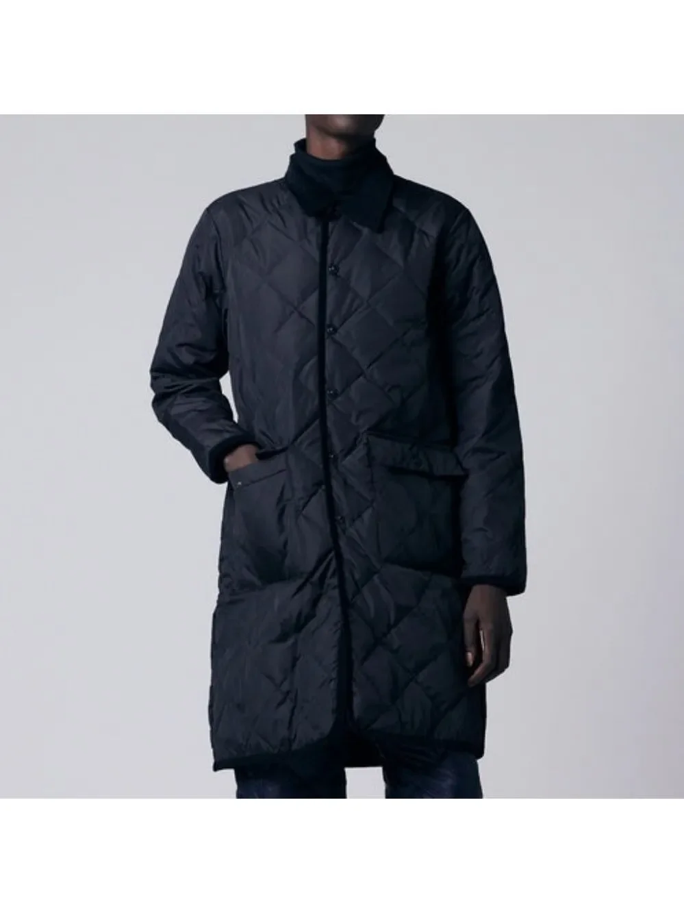 TAION City Chore Coat Black Quilted Piping Collar Long Down Coat Size S BNWT - Picture 2 of 16